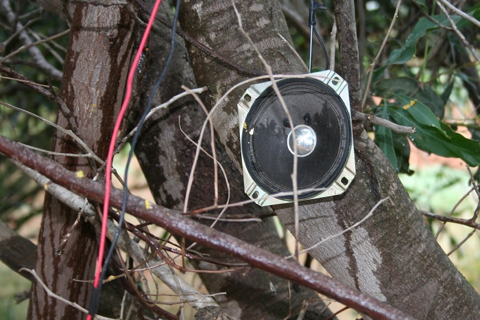 Loudspeaker of an electronic decoy system on a trapping net in Cyprus