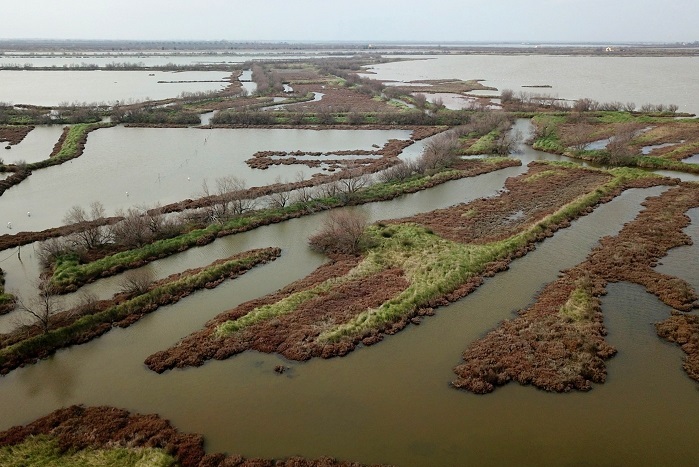 A birds-eye view of the Lagoon landscape near Venice.