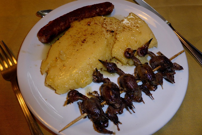 Singvögel am Spieß mit Maisbrei - eine lombardische "Delikatesse"