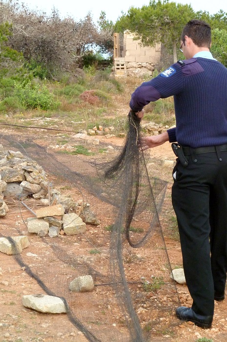 Maltese policeman dismantling a trapping net found by CABS